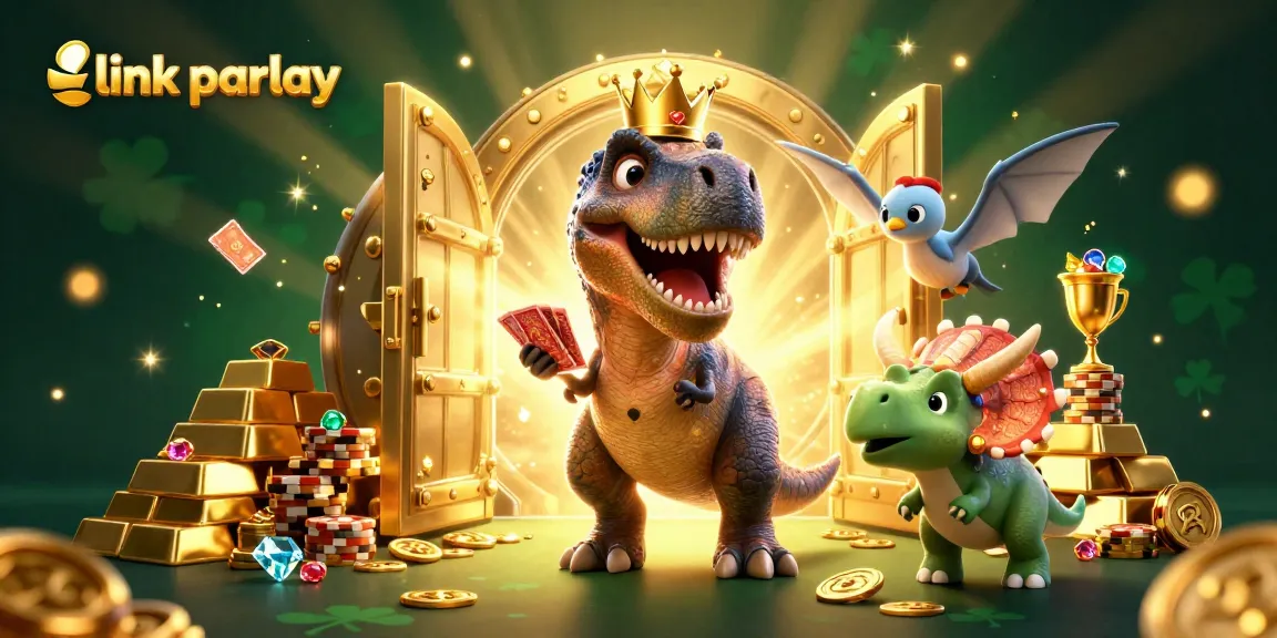 Engage in thrilling link parlay betting with a vibrant scene of cartoon dinosaurs at play.