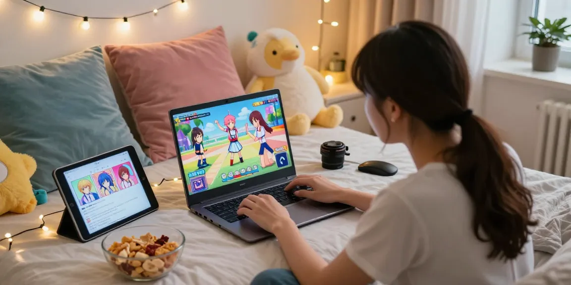 Engaging scene of a woman immersed in an ecchi game on her laptop, surrounded by cozy decor and playful elements.