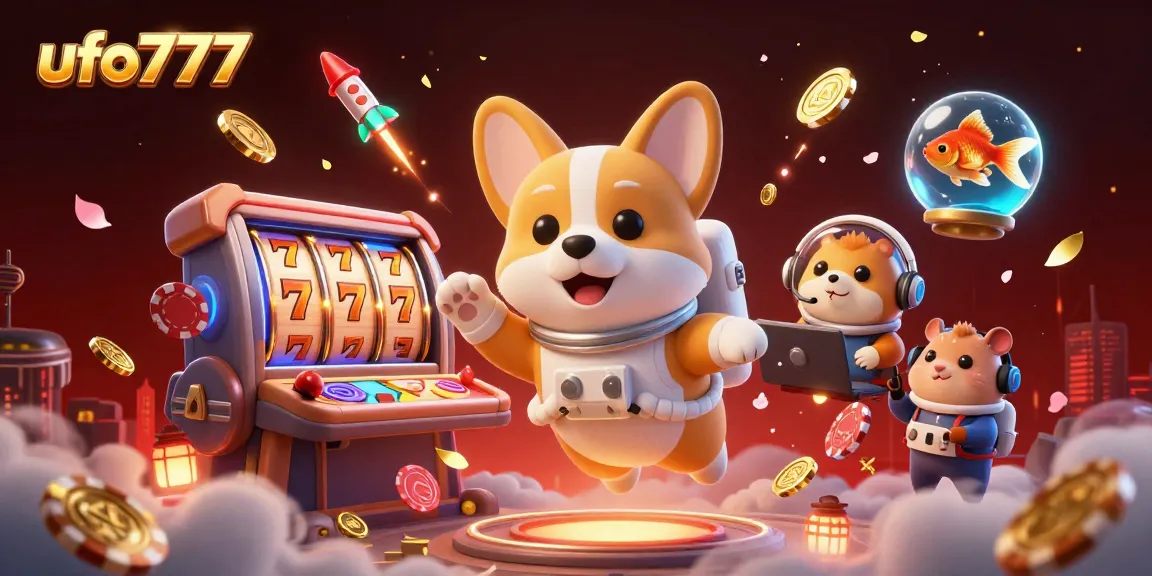 Engage in the thrilling world of ufo777 with a cartoon astronaut corgi floating in a vibrant casino scene.