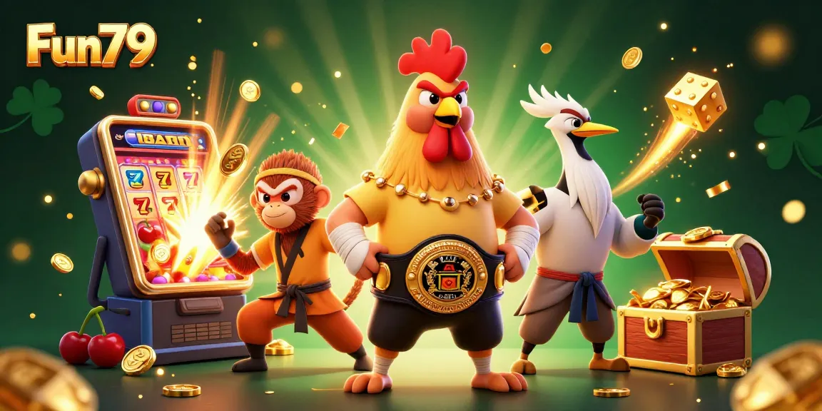 Fun79 casino scene featuring a rooster champion, martial artists, and dynamic game elements bursting with excitement.
