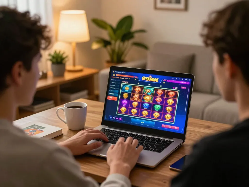 Player enjoying online casino at 99ok on laptop in a cozy environment