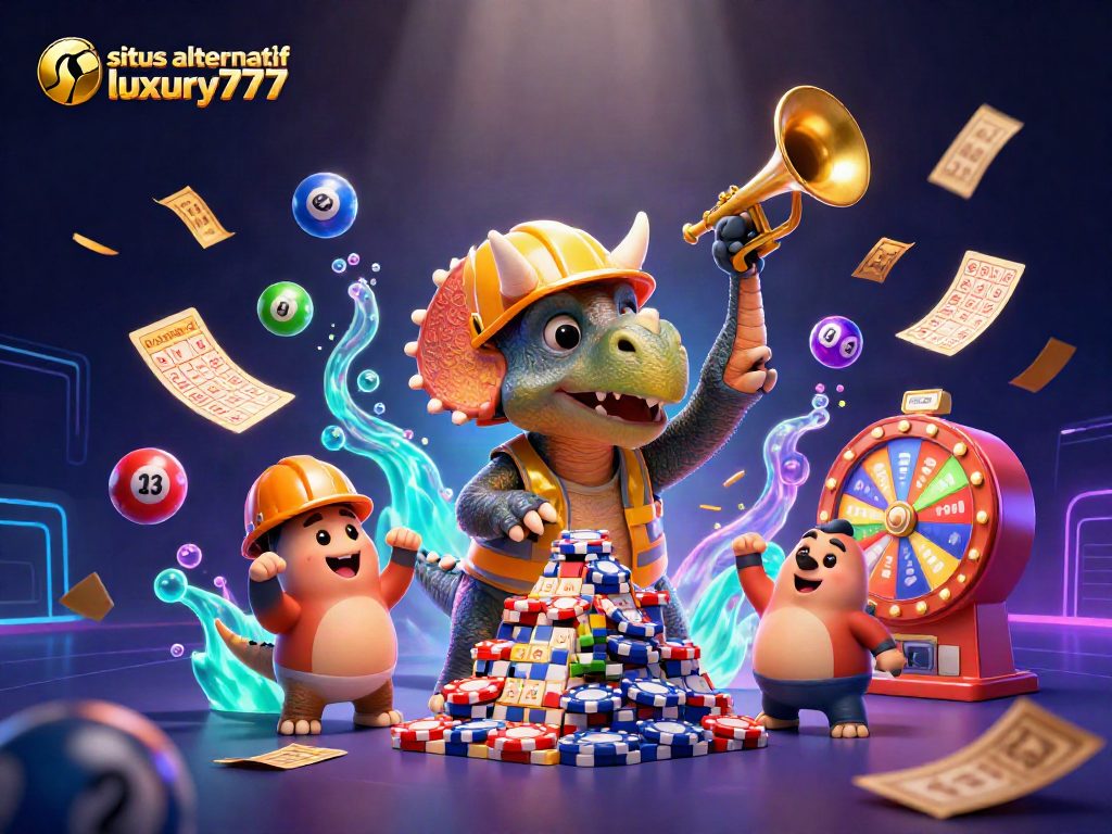 Permainan menarik dengan situs alternatif luxury777 memperlihatkan dinosaurus dan bola lotere berwarna.