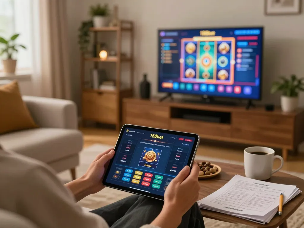 Engaging with the 188bet app on a sleek tablet in a cozy home gaming setup