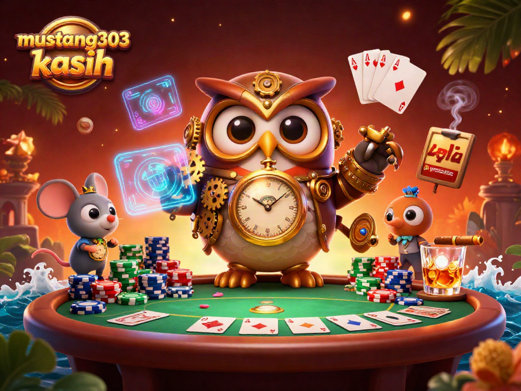 Engage in gaming action at mustang303 kasih with a vibrant 3D illustration showcasing a steampunk owl and casino elements.