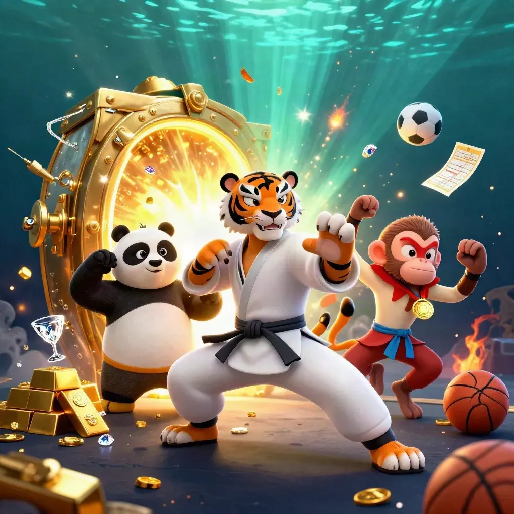 Kung-fu tiger, panda, and monkey amid gold, gems, and sports icons in neon-lit key art