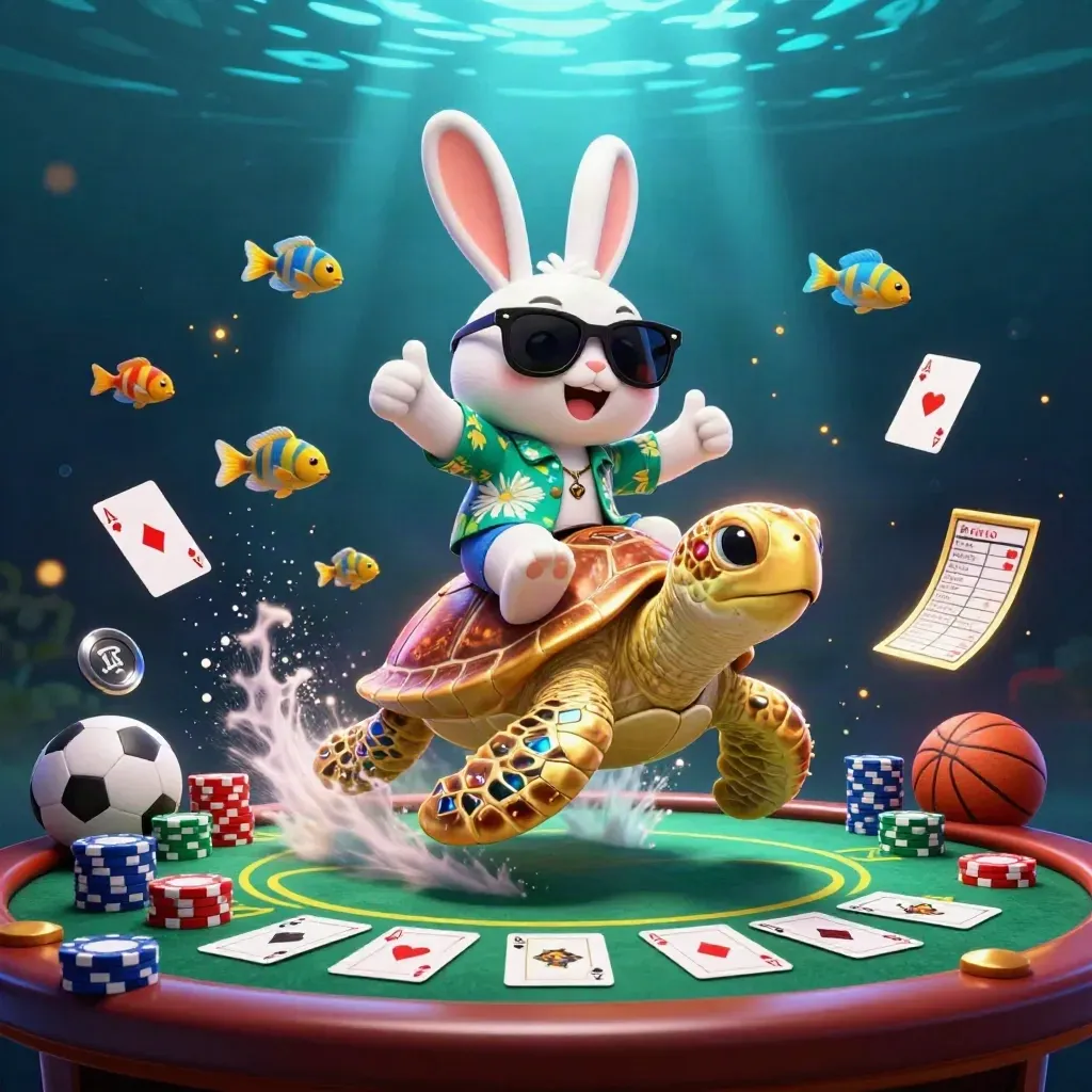 Lucky rabbit riding golden turtle in neon underwater casino scene with poker props and glowing lights