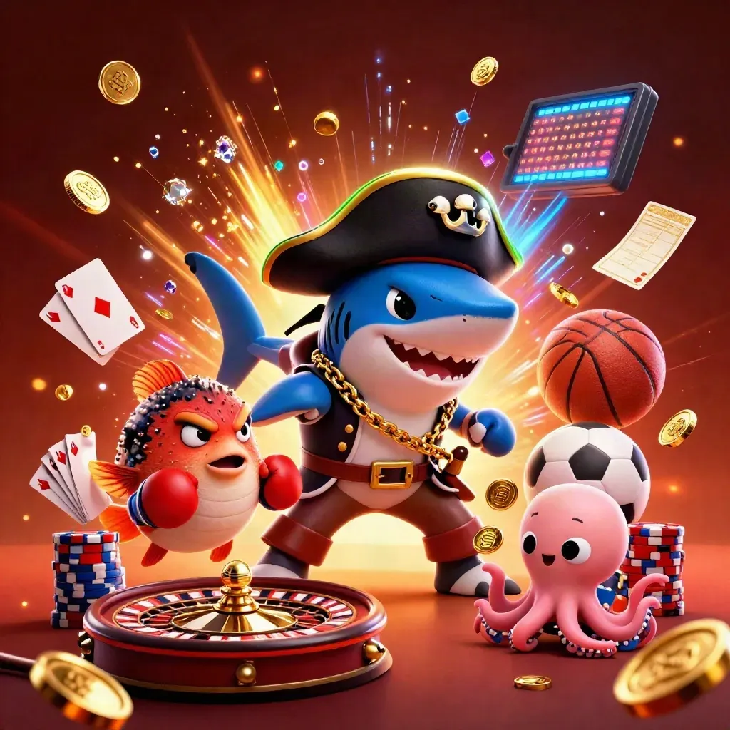 Pirate shark, boxing pufferfish, and coin-juggling octopus amid casino effects and sports props.