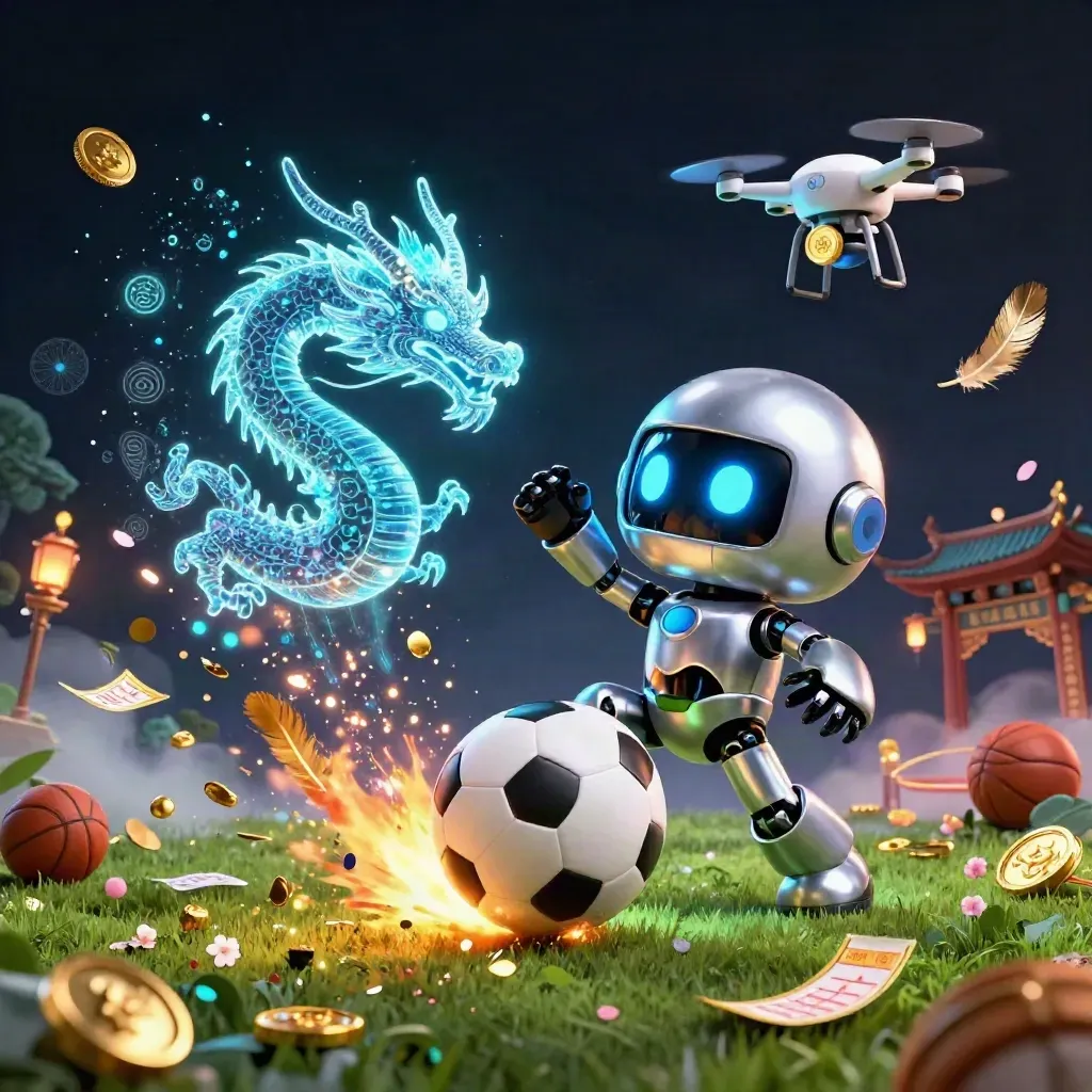 Chrome robot, holographic dragon, and drone explode around a frozen soccer ball in neon casino lighting.