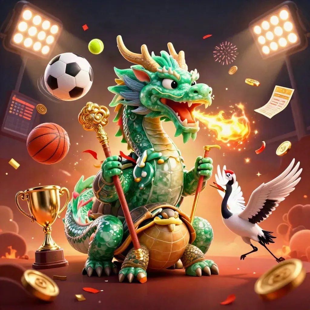 Emerald dragon, turtle sage and cranes amid flying sports balls, gold fire and casino lights.