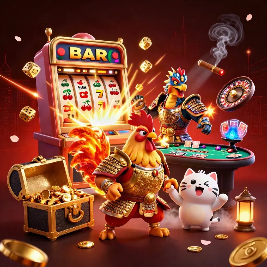Rooster warrior, dragon hatchling and fortune-cat amid casino magic and glowing slot bursts.