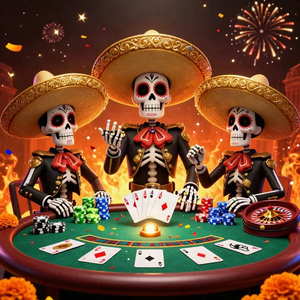Day-of-the-Dead skeleton mariachi trio amid poker chips, cards, roulette glow and ember-lit casino decor
