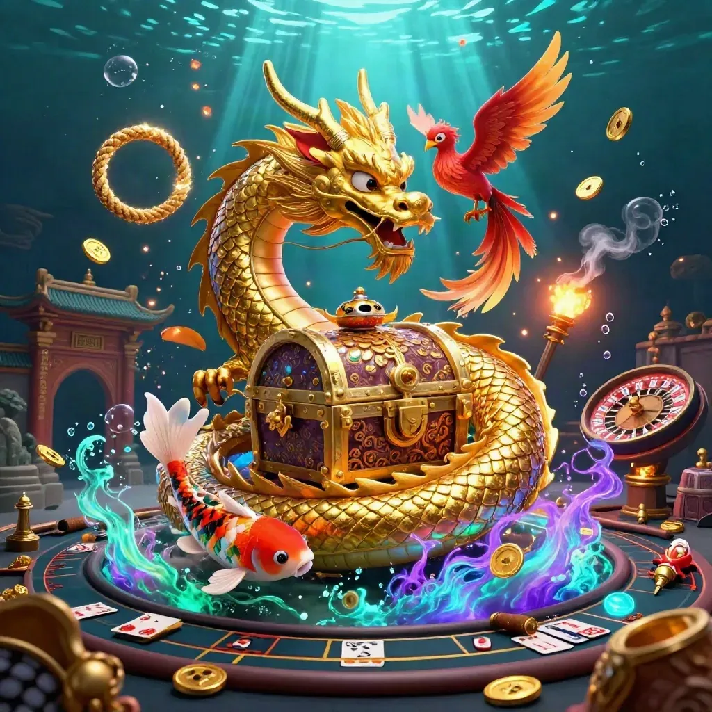 Golden dragon, phoenix and koi in a neon casino temple with underwater light rays.