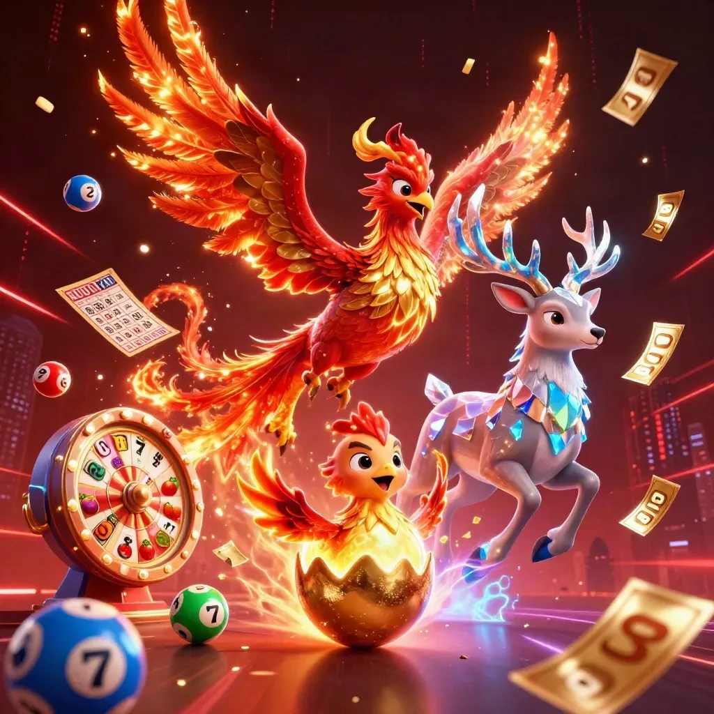 Phoenix, hatching chick, and crystal stag amid casino bursts, neon streaks, and city skyline.