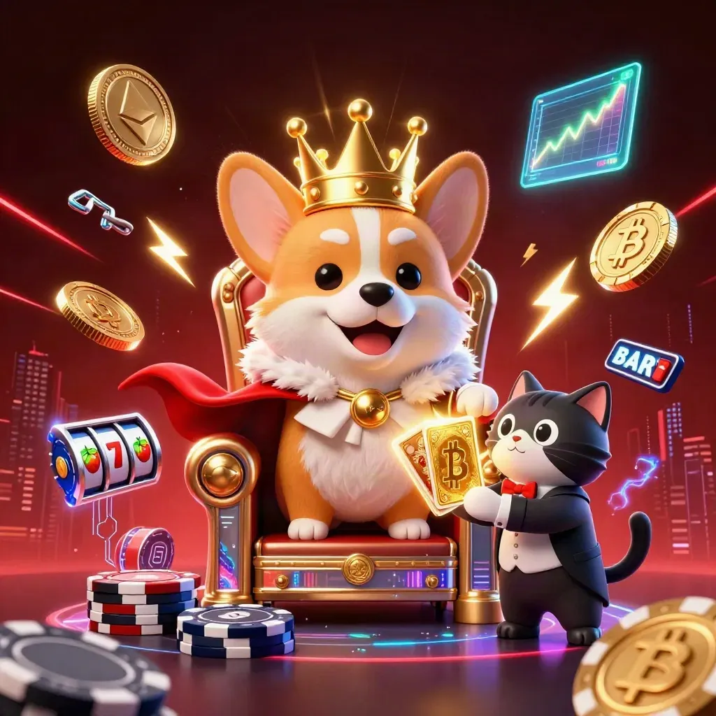 Royal corgi and cat butler amid neon casino coins, reels, chips, and electric effects