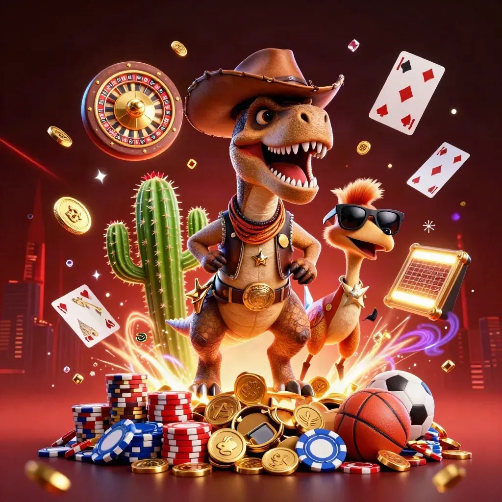 Cowboy T-Rex, cactus sidekick and roadrunner amid exploding coins, chips and fireworks.