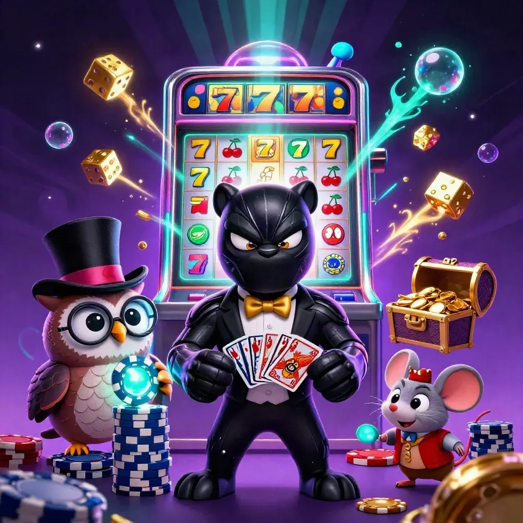 Panther, owl, and mouse amid exploding slot icons, gold, and neon casino light