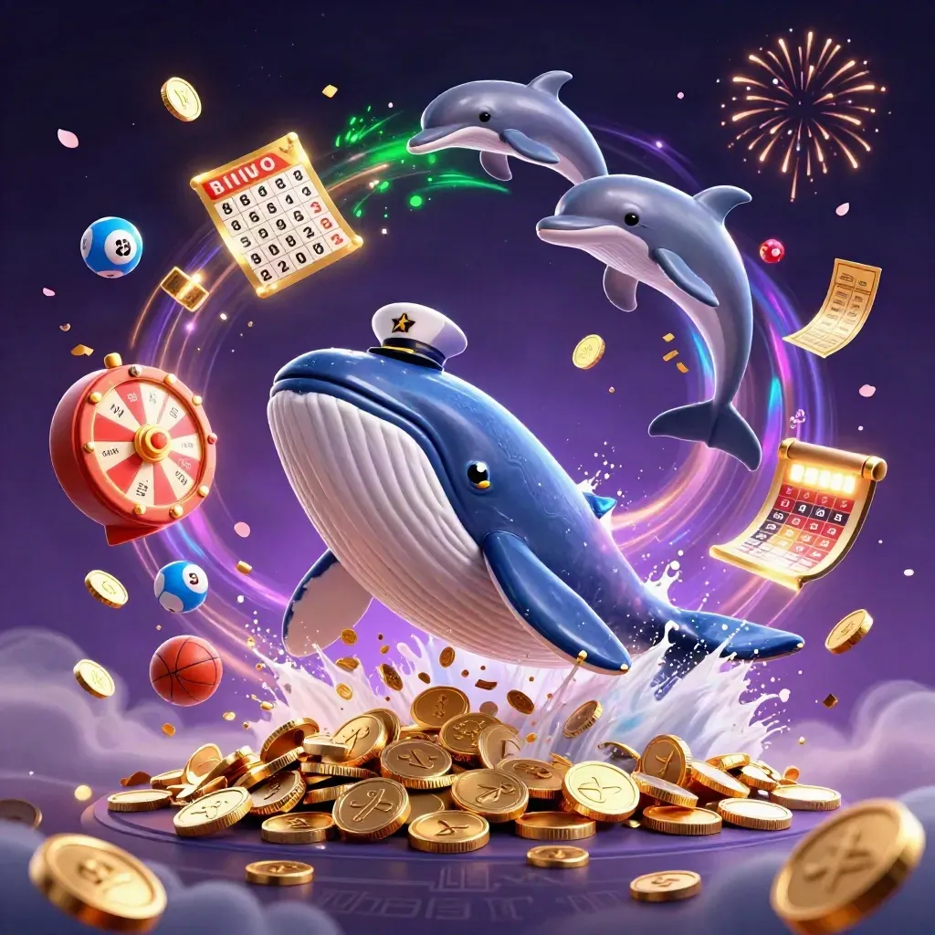 Cartoon whale captain, narwhal, and dolphins burst through gold coins with casino game elements.