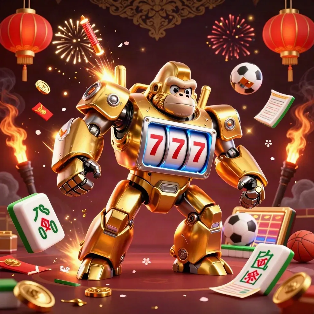 Golden gorilla mech bursts with coins, lanterns, fireworks, and sports betting props in dark luxe casino style.
