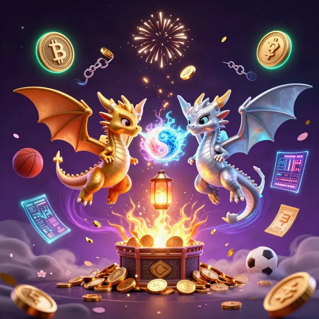 Gold and silver dragons swirl around coins, sports props, and neon crypto effects on a dark cosmic background