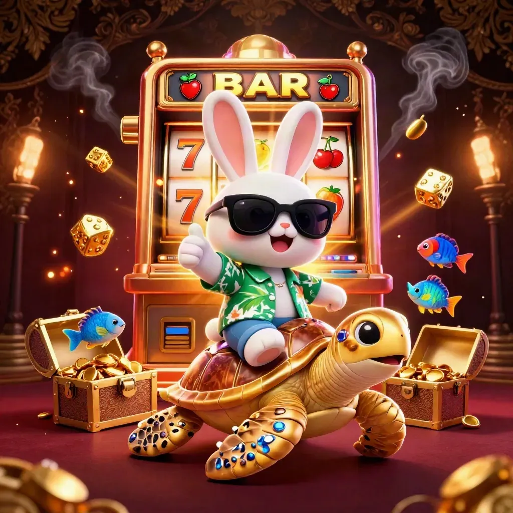 Lucky rabbit rides a jeweled sea turtle amid slot symbols, gold bursts, and neon casino light.
