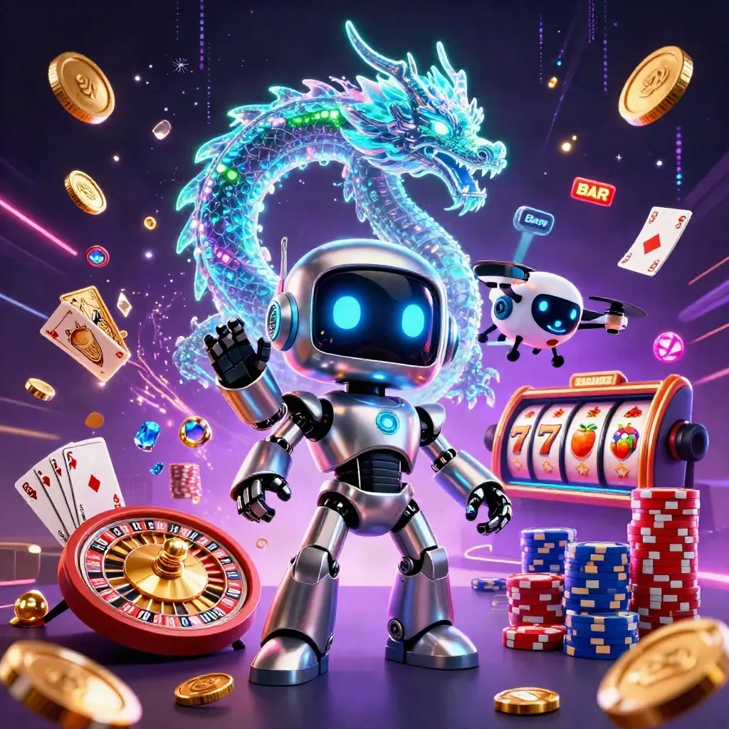 Chrome robot, holographic dragon, and coin drone amid casino coins, chips, cards, and neon energy.