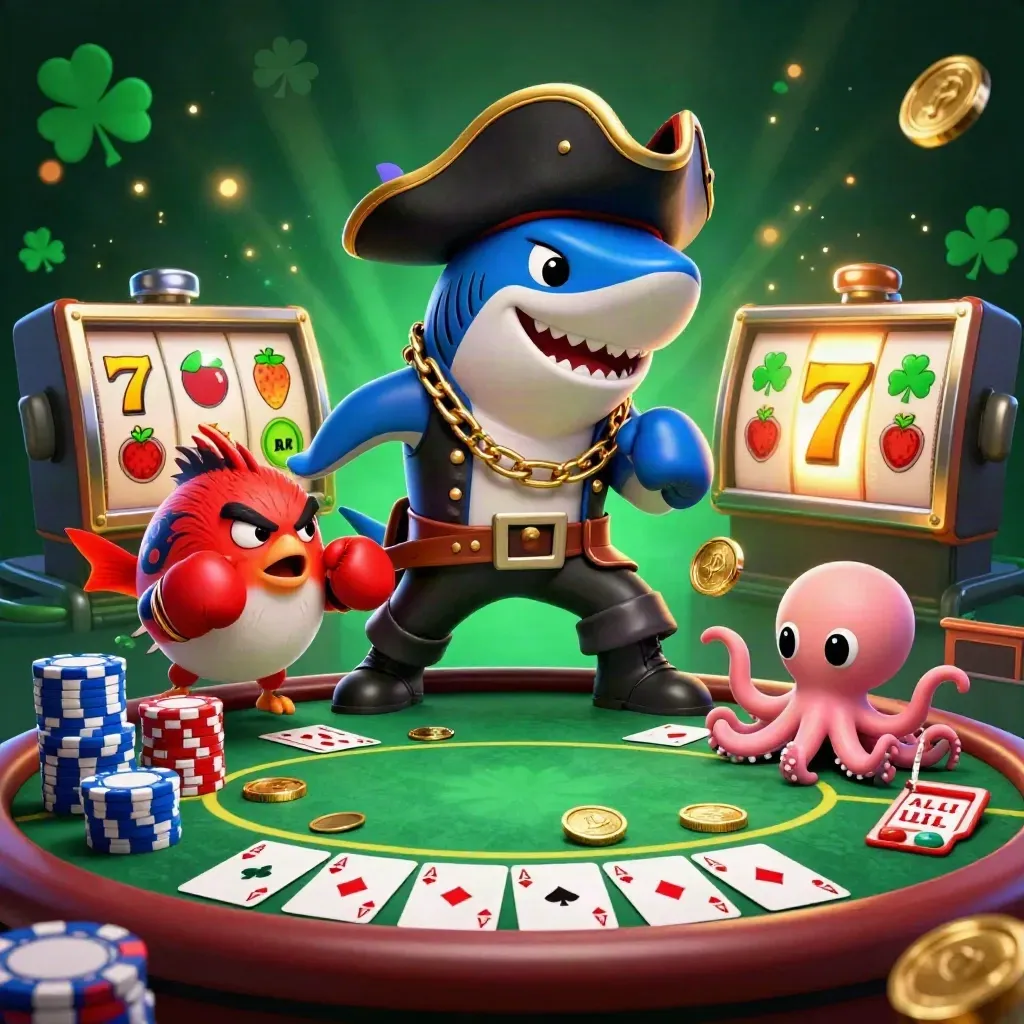 Shark pirate, boxing pufferfish, and juggling octopus over a glowing casino poker table.