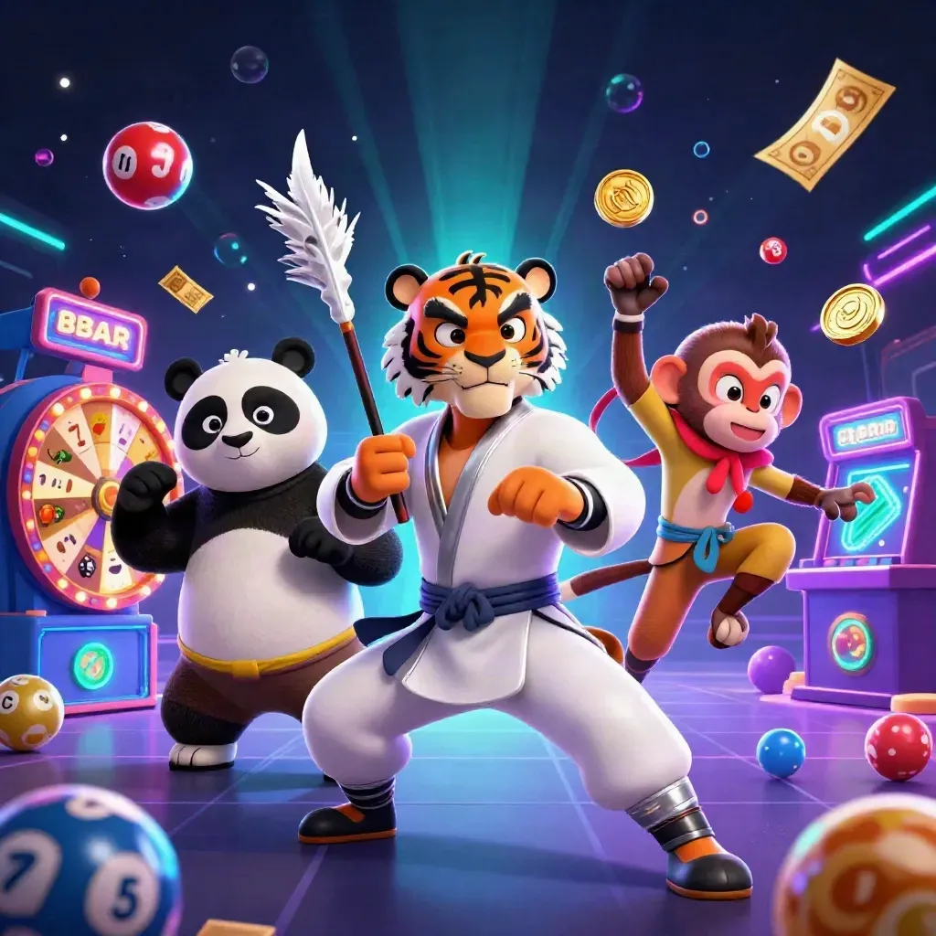 Tiger, panda and monkey casino heroes amid lucky balls, reels and tickets in neon action