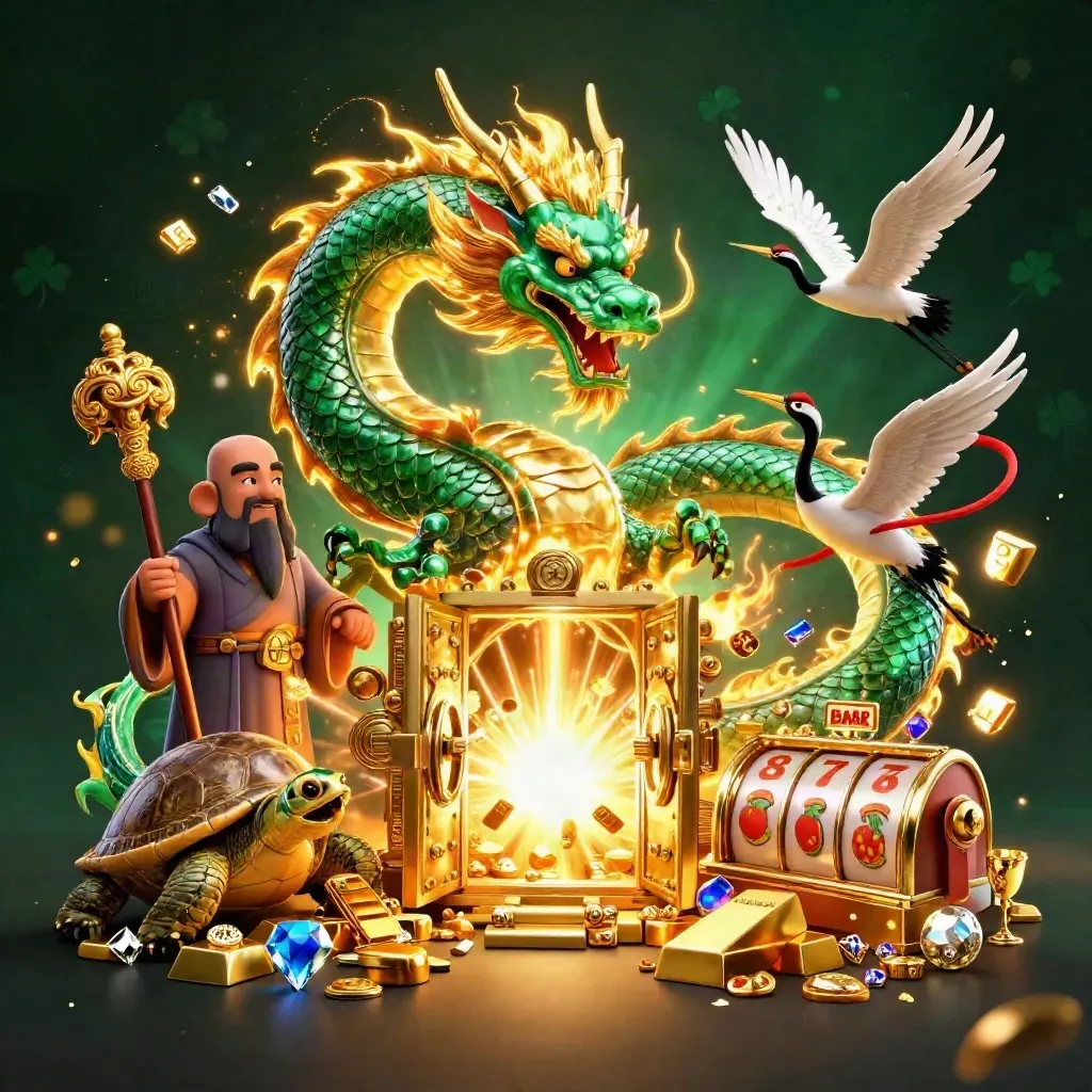 Emerald jade dragon, turtle sage, and cranes amid gold vault, reels, and neon casino glow