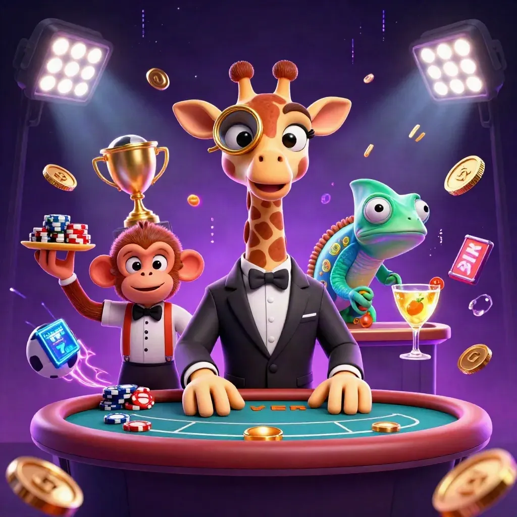 Giraffe, monkey, and chameleon casino heroes amid sports balls, coins, reels, and neon effects.