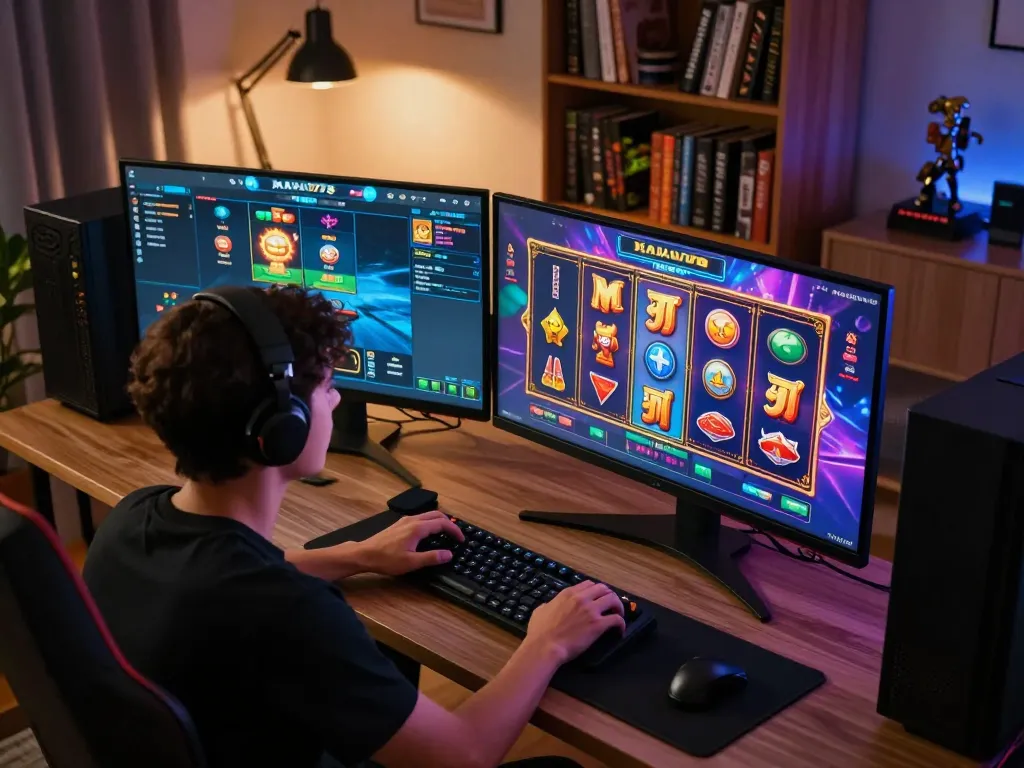 KADAL778 player focused on winning strategies in an online gaming setup with multiple screens.