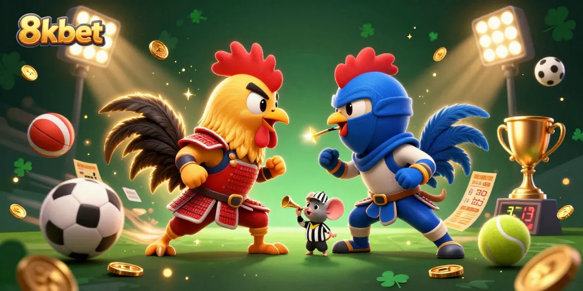 Bet on 8xbet with dynamic fighting roosters and sports elements in a thrilling scene.