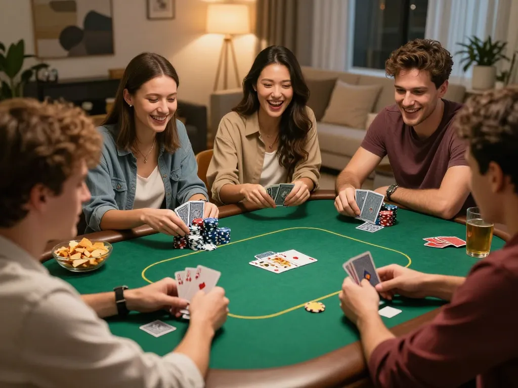 F8BET poker players engaging in friendly competition at home with warm lighting and snacks.