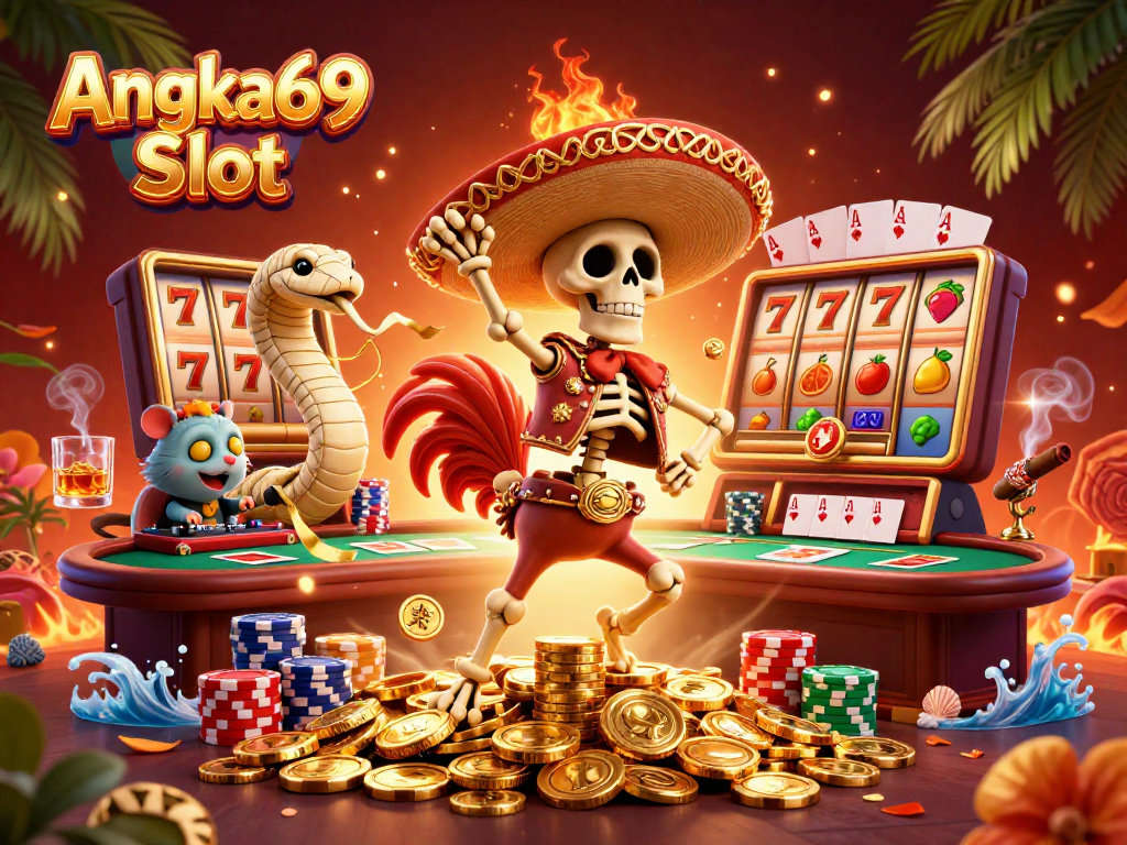Spin to win with Angka69 Slot in a vibrant 3D casino celebration scene.