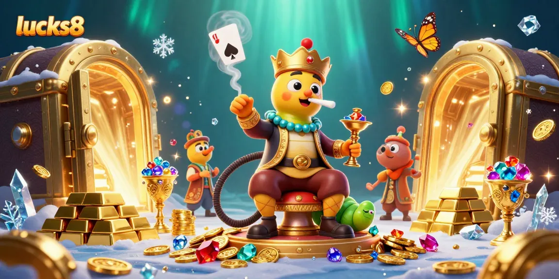 Engage with lucks8's vibrant casino scene featuring a whimsical character and symbol-filled extravaganza.