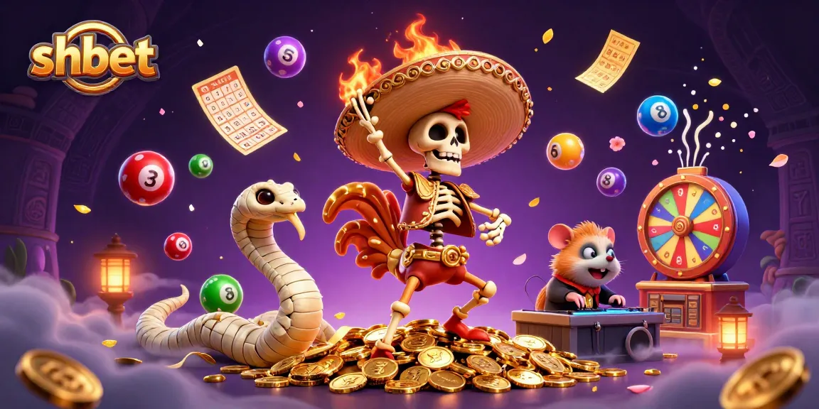 shbet lively illustration showcasing a festive skeleton mariachi rooster celebrating on coins amidst colorful gambling elements and lottery balls