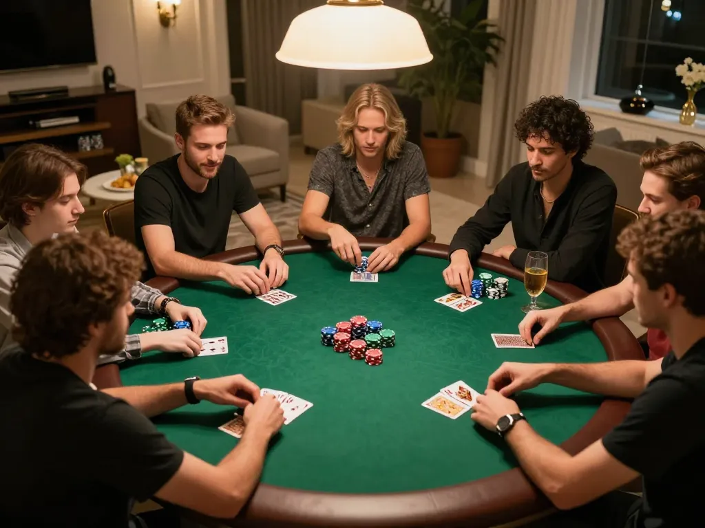 Players enjoying a poker game at home, highlighting maxpoker88 strategy with chips and cards.