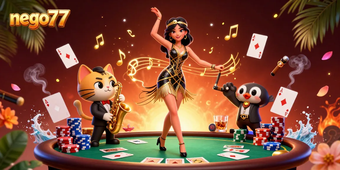 Nego77 casino illustration depicting a woman and a saxophone cat enjoying vibrant gambling action.