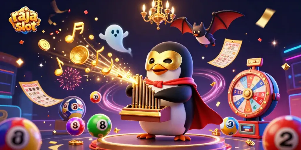 Penguin opera phantom memainkan organ yang mengeluarkan koin emas di acara kasino raja slot.