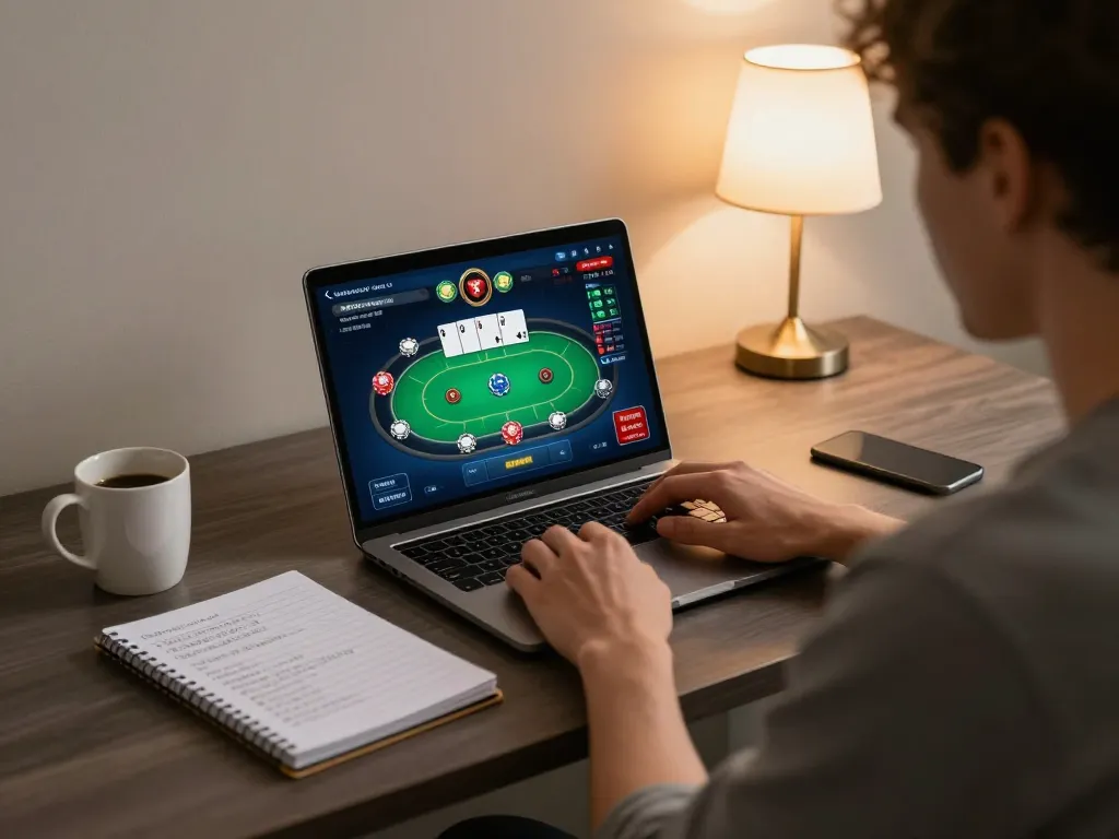 Engage with du 88 in a stylish home gaming setup using laptop for online poker.
