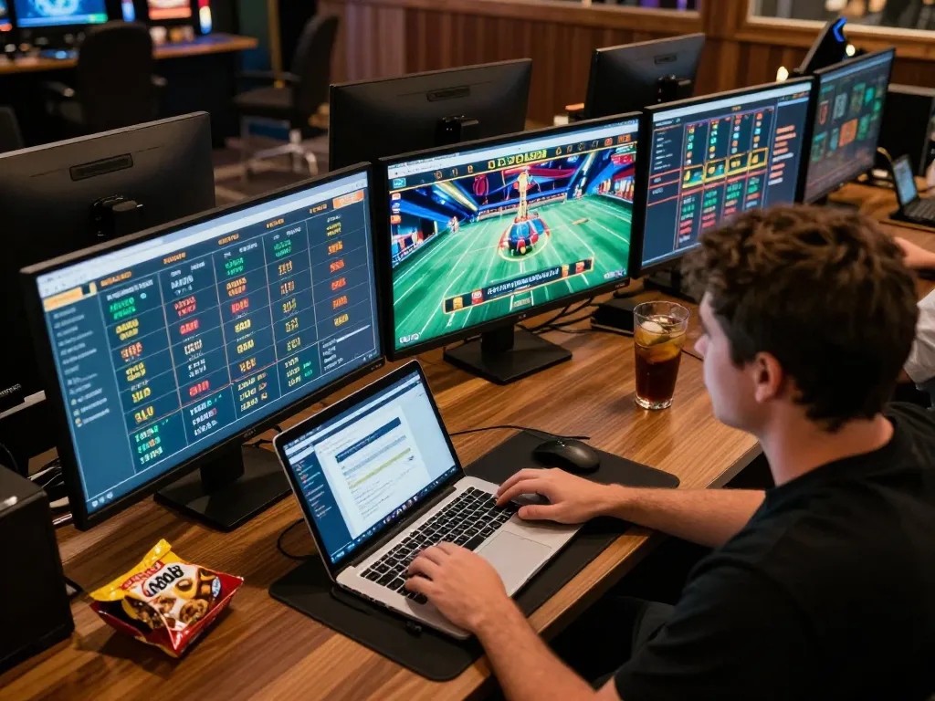 Engaging player using cm88's online platform at a stylish multi-screen gaming setup