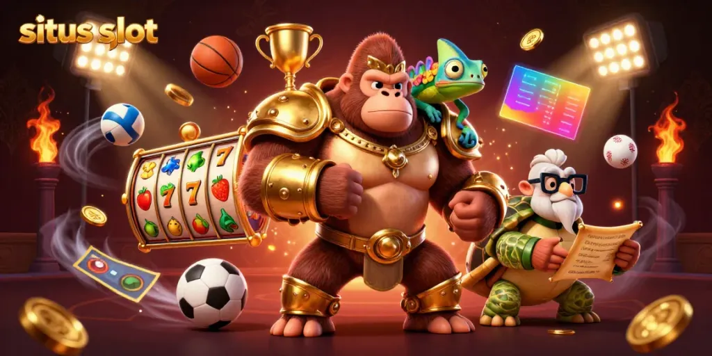 Gambarkan pengalaman bermain situs slot dengan gorila, chameleon, dan kura-kura di kasino.