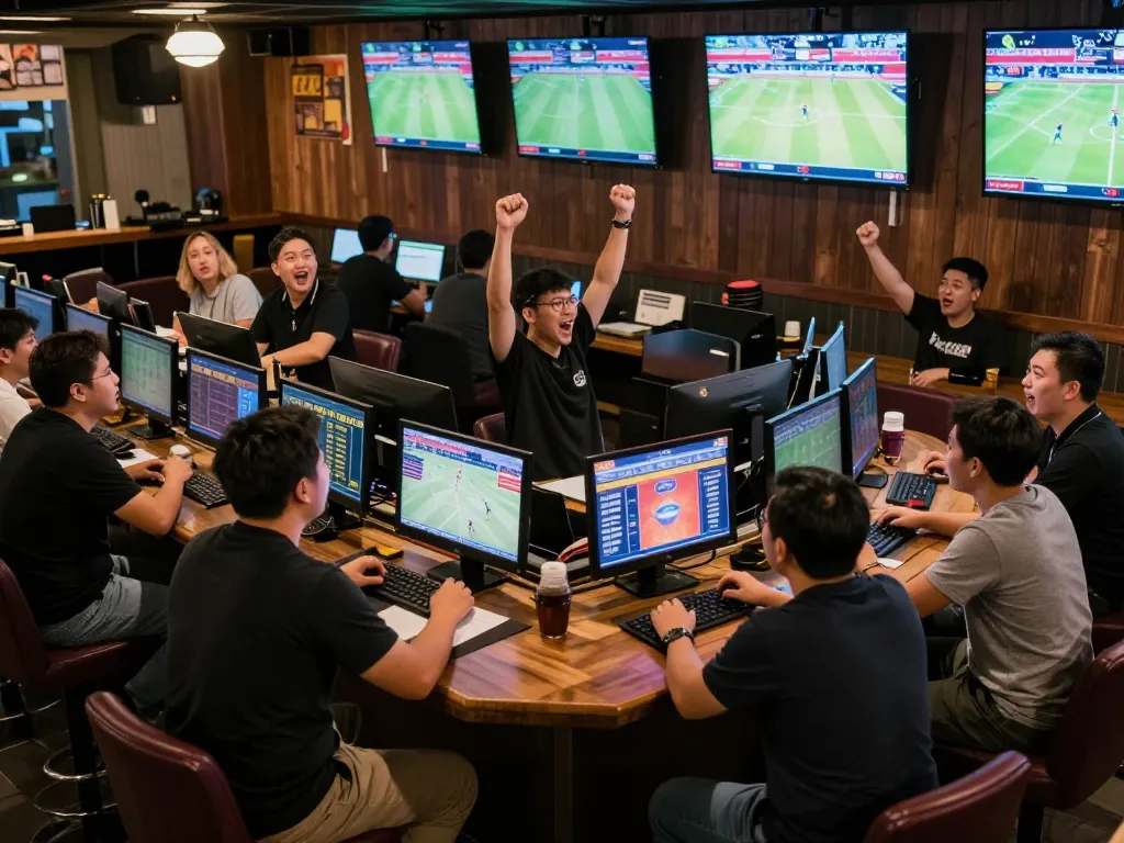 The atmosphere of Tỷ Lệ Bóng Đá betting highlighted in a lively sports bar with fans cheering and placing bets