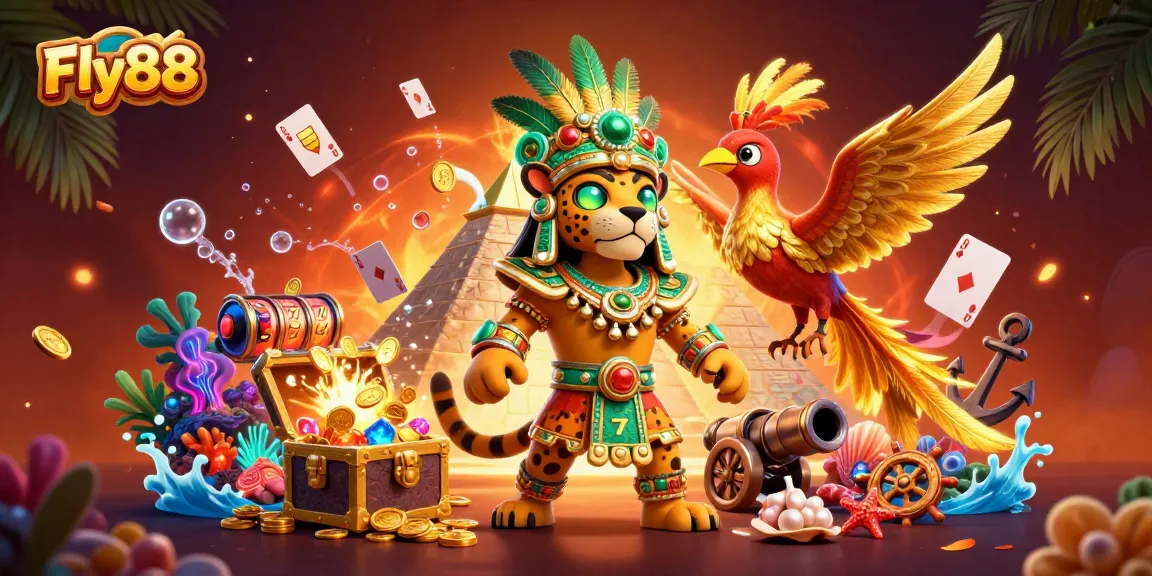 Experience thrilling gaming with Fly88, showcasing a vibrant casino scene featuring lucky slots and Mayan elements.