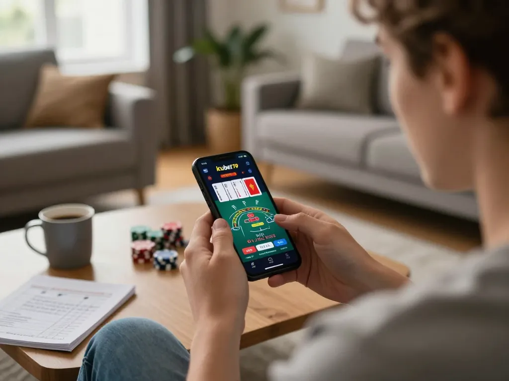 Player enjoys an engaging moment on the kubet79 app playing blackjack at home, capturing the excitement of online gaming.