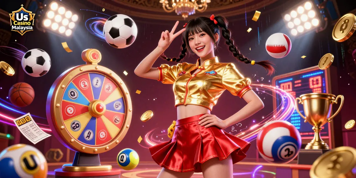 Join the excitement at Us Casino Malaysia with colorful lottery balls and dynamic sports betting elements.