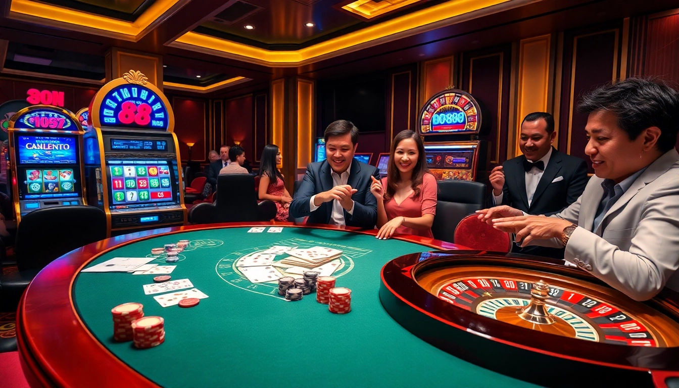 Gamblers enjoying a high-stakes game at dn 888 casino with vibrant visuals and luxurious atmosphere.