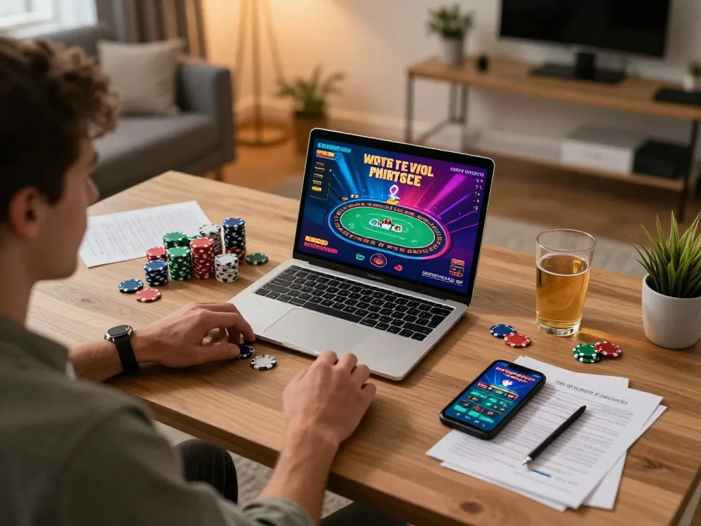 Player navigating 789F online poker game on laptop, cozy home gaming setup with strategic notes.