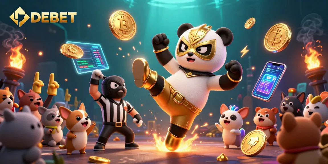 Experience dynamic DEBET gaming moments with a playful panda and exciting crypto elements.