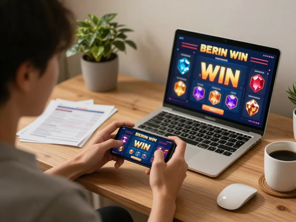 Engaged in gem88 win action while playing on smartphone in modern home office.