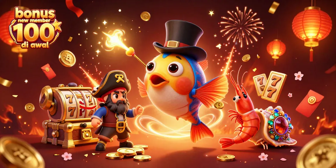 Engage with the exciting bonus new member 100 di awal offer, featuring vibrant casino elements and characters.